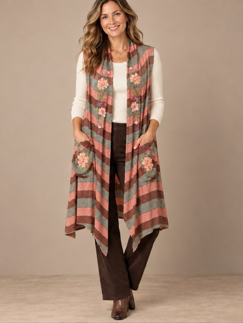 April Cornell Embroidered Open Front Long Vest Duster Small A389